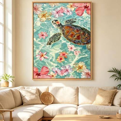 Diamond Art Kits for Adults, Ocean Turtle Flower 5D Diamond Painting Kit