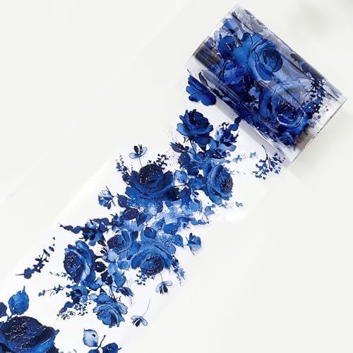 WT Cobalt Blue Wide PET Tape, Single Roll, Original Designs, Floral Decors, Transparent Clear Adhesive, Junk Journal Scrapbook Bujo Planner DIY Craft Supplies Gifts, Watercolor Flower