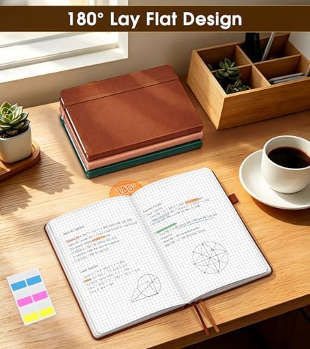A5 Leather Hardcover Graph Paper Notebook, 160 Pages (5 Squares/Inch), 180° Lay-Flat Binding, 100 GSM Thick Paper, for Math, Engineering, Students & Technical Work (Brown)
