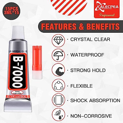 B-7000 Craft Glue for Jewelry Making - 3ml/0.1oz (15 Pack) - Multi-Function B-7000 Super Adhesive Glues Liquid Fusion Glue for Rhinestones Crafts, Clothes Shoes, Fabric, Jewelry Making, Cell Phones