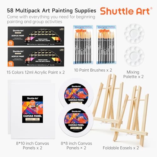 Shuttle Art 58 Pack Painting Kit for Adults and Couples, Sip and Paint Kit for Date Night and Crafts, with 2 Pack of 15 Colors Paint, 2 Wooden Easels, Canvas, Brushes & Palettes