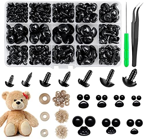 Safety Eyes and Noses, Plastic Craft Eyes and Teddy Bear Nose for Amigurumi with Washers，Crochet and Tweezers for Doll Making Supplies