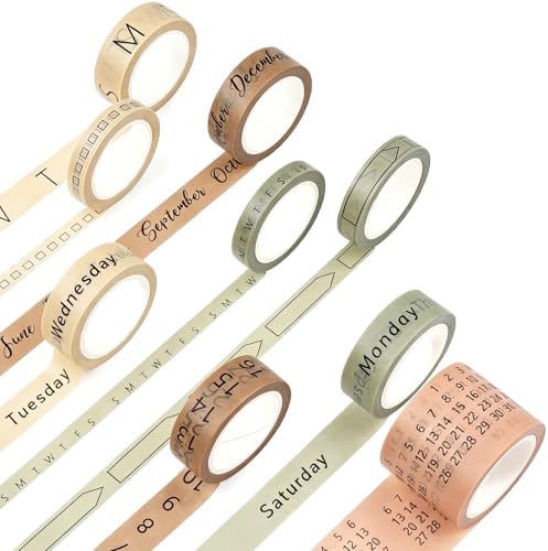 Chuangdi 9 Rolls Calendar Washi Tape Set,Pink, Green, Brown, Light Brown | Vintage Day Week Month Date Number Calendar Washi for Journaling, Planner Decoration, Journal Labels, Arts Crafts