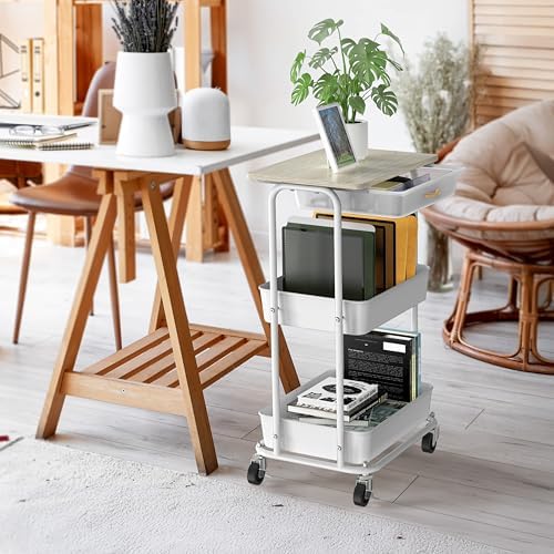Simple Houseware 3-Tier Rolling Utility Cart with Drawer & Wood Top, Maple