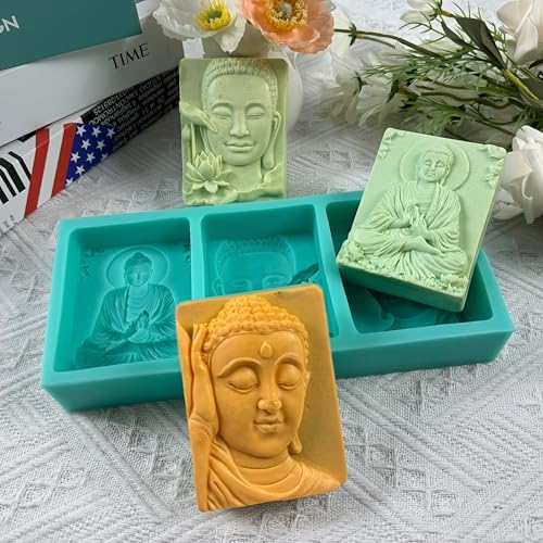 3 Cavity Buddha Silicone Soap Mold - 3D Buddha & Lotus Soap Making Mold for Homemade Soap, Candles & Crafts - Non-Stick Reusable Silicone Craft Mold