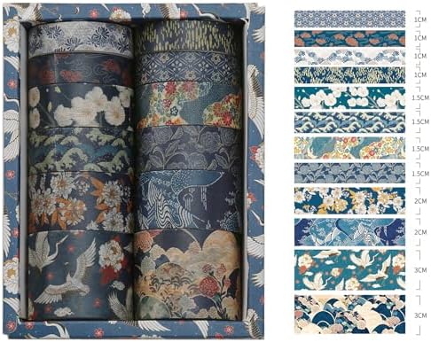 12 Rolls Kyoto Charm Washi Tape Set Japanese Arts Adhesive Tapes Geometric Garden Decorative Masking Tape Sets for Craft, Kids, Scrapbook, DIY, Gift Wrapping (Azure Tranquility)