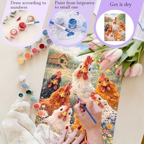Amaieuin Chicken Paint by Numbers Kit for Adults 16x20in | Paint by Number Canvas for Adults,Chicken Adult Paint by Numbers for Home Decor Gifts Includes All Supplies