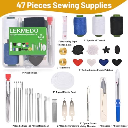 47pcs Big Eye Steel Sewing Needles Kit,Needle and Thread Sewing Kit,Portable Steel Needles for Hand Sewing with Repair Patch,Seam Ripper,Storage Box Supplies for Repairing Quilting Embroidery Crafts