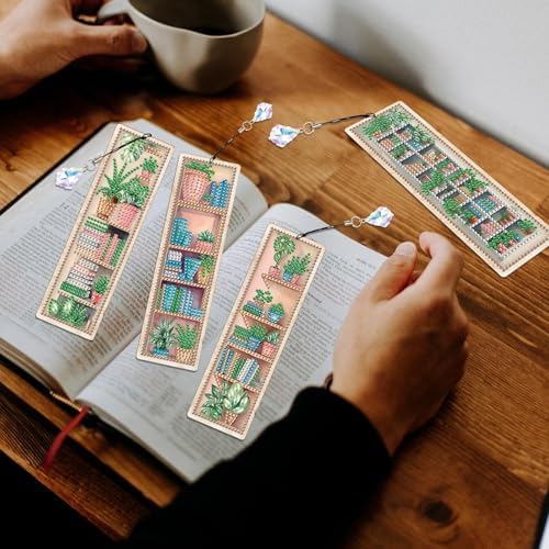 4 Pieces Diamond Painting Bookmarks for Adults Plant Bookshelf Design