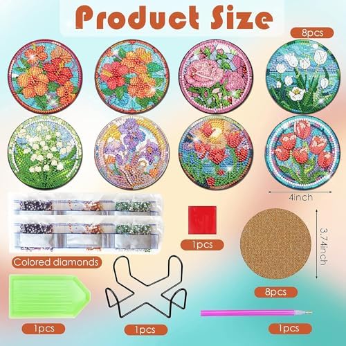 ijbnhd 8 PCS Flowers Diamond Art Coasters (Cork Wooden Pad)