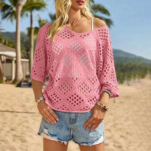 Bohemian Crochet Tops for Women 3/4 Sleeve V-Neck Open Knit Pullover Beach Cover Ups Hollow Out Boho Vacation Blouse