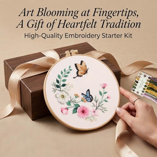 Harimau Beginner Adult Embroidery Kit, All-in-One Starter Pack with 3 Patterns, 3 Hoops, Scissors, Needles, Instruction Manual & Stitching Video Guides