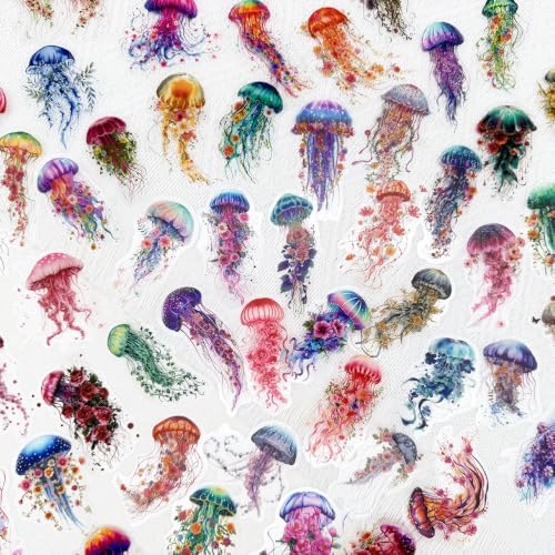 50PCS Floral Jellyfish Stickers for Journaling - Clear Watercolor Ocean Fantasy Scrapbook Stickers, Botanical Marine Life Aesthetic Decals for Planner, Junk Journal, Collage, Crafts Decoration