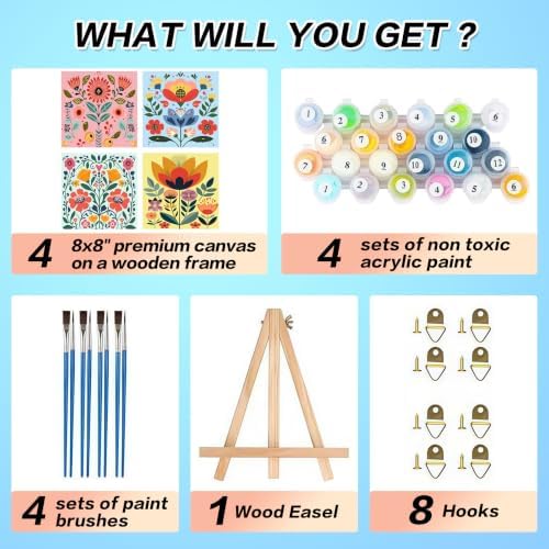 4 Pack Framed Floral Paint by Numbers Kits for Adults with Easel (8x8in)