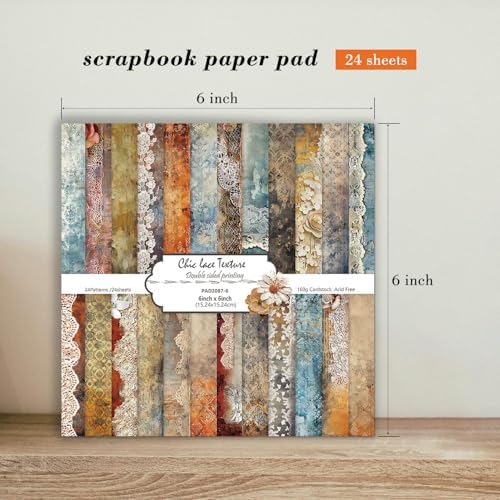 6'' Vintage Lace Scrapbook Paper Pad - 24 Sheets Double Sided Origami Cards for Junk Journal Collage Supplies Cards Decor Gifts Crafts DIY Wrapping Decorative Folded Photo Album