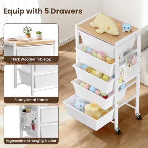 Rolling Cart with 5 Drawers, Plastic Drawer Storage Carts with Wheels & Wooden Tabletop, Metal Utility Cart with Pegboards, Office Living Room Classroom Craft Organization and Storage, Bright White
