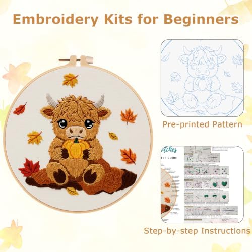 Louise Maelys Highland Cow Embroidery Kit for Beginners（Autumn