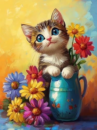 ijbnhd Cat Diamond Art Kits for Adults-Flowers Vase 12x16inch