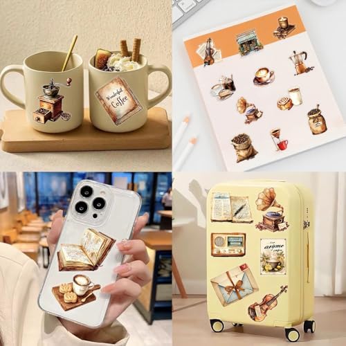 50Pcs Vintage Stickers,Waterproof Transparent PET Aesthetic Decorative Sticker Scrapbooking Supplies for Adult Card Making Letters Planner Journaling Junk Journal DIY Water Bottles Art Craft.Coffee