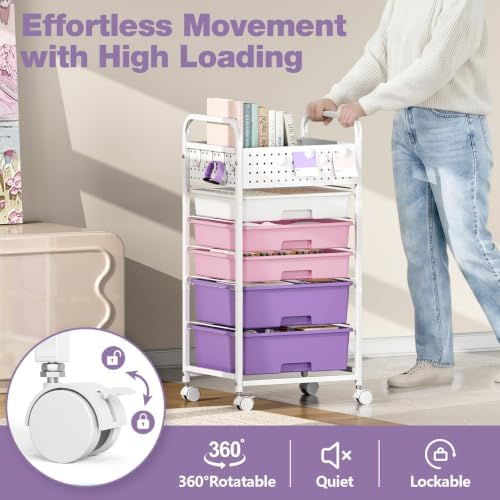 5 Drawer Rolling Storage Cart with Pegboard Top and Hooks, Dreamy Color
