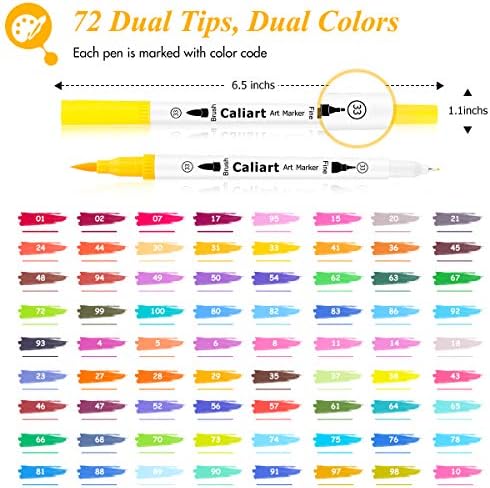 Caliart 72 Colors Double Tip Brush Pen Art Markers for Adult Coloring Books | Artist Fine & Brush Coloring Markers for Journaling Calligraphy Drawing Gifts Trendy Stuff Teacher Office Art Supplies