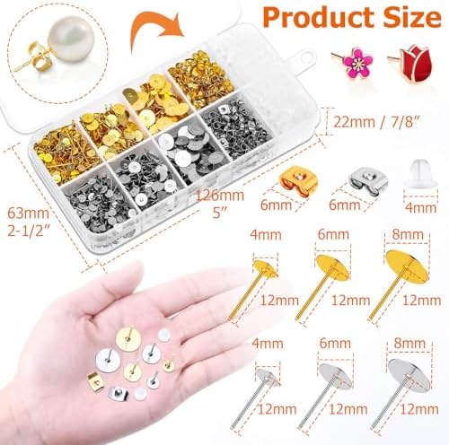 Hypoallergenic Earring Posts and Backs, Caffox 2000pcs Stud Earrings Making Kit with Ear Ring Base and Earring Backs for Leather Stud, Clay, Pearl Jewelry Making (Gold & Silver)