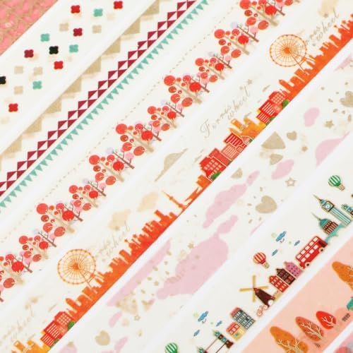 12 Rolls Aesthetic Washi Tape Set, Gold Foil Tree Ferris Wheel Hot Air Balloon Decorative Tape, Landscape Pattern Masking Tapes for DIY Scrapbook Design Journaling Handbook Making Card Wrap Craft