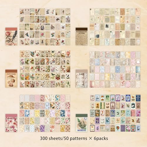 300 Pcs Vintage Washi Stickers Book | Ephemera Pack, 6 Theme Sets for Journaling, Scrapbooking, Bullet Journals - Reusable & Repositionable