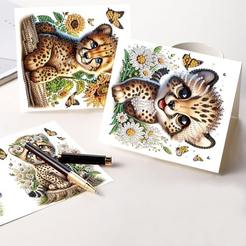 LazyFold 6 Pcs Diamond Art Painting Greeting Cards Kits, DIY Cute Leopard Handmade Festival Greeting Cards with Envelopes Diamond Art Crafts Birthday Cards Creative Gift