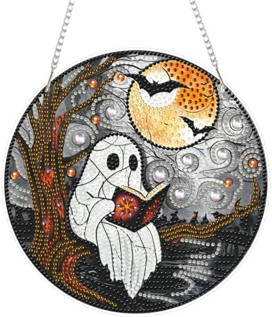 CRZMODE Halloween Diamond Art Hanging Kit for Adults, Ghost Read Book Pendant Diamonds Painting Art Kit, Special Crystal Diamond Art Painting Pendant Ornament, Craft Gift for Women Home Window Decor