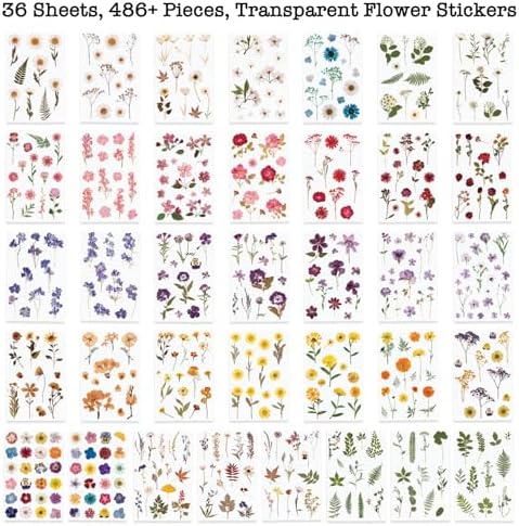 Knaid Pressed Flower Themed Stickers (Assorted 486 Pieces, 36 Sheets) Dried Floral Resin Stickers Decals Botanical Journaling Sticker for Scrapbook Supplies Junk Journal Bullet Journal Planner Laptop