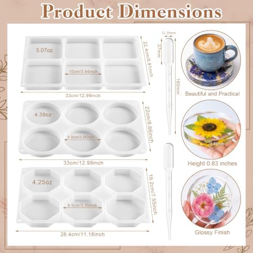 18-Cavity Deep Coaster Resin Molds Silicone Molds for Crafts, 4 Inches Round Squares Octagon Epoxy Resin Molds for DIY Art Flower Preservation