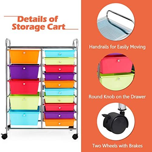 GOFLAME 15-Drawer Rolling Storage Cart, Craft Storage Cart with Removable Drawers & Lockable Wheels, Art Cart Supply Storage Organizer for Home Office Classroom, Multicolor