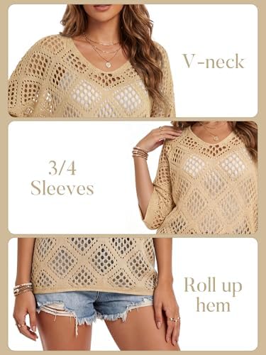 Womens Crochet Top Summer 3/4 Sleeve Cover Up V Neck Boho Tops