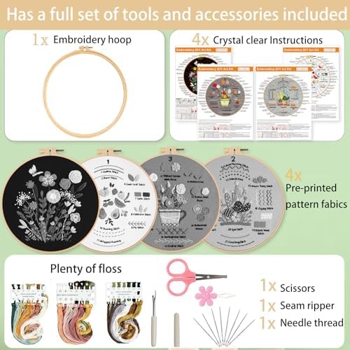 Ohcol Embroidery Kit for Beginners, 4 Floral Patterns, Learn 33 Stitches, Pre-Printed Fabric, Hoop, Colored Threads and Needles, Easy Video Guide, DIY Hand Sewing Gift for Adults and Teens