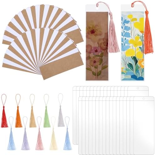 60 Sets Blank Kraft Paper Bookmarks Kit with Tassels and PVC Sleeves