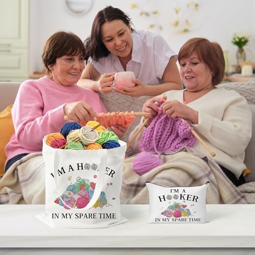 Y1tvei Crochet Canvas Tote Bag - 2Pcs Cosmetic Pouch Tote Bag Reusable Grocery Folding Shopping Bag for Crocheters Women