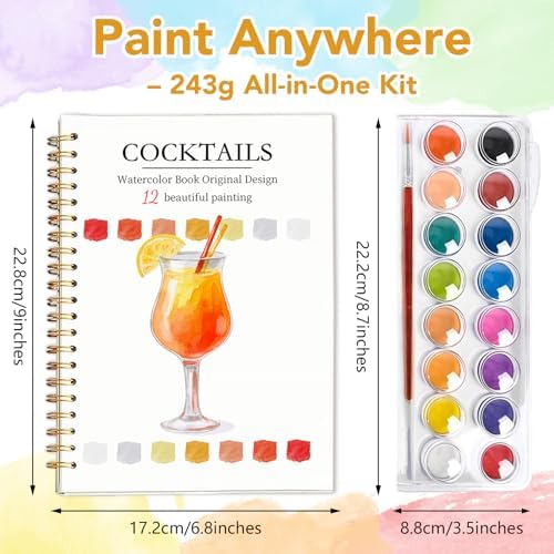 Easy Watercolor Workbook for Beginners - 12 Beautiful Step-by-Step Paintings Water Coloring Book, Includes 16 Colors Paints, Relaxing Art Projects and Creative Gift for Adults & Teen (Cocktails)