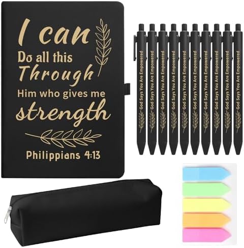 Christian Gift Set, Prayer Notebook and 10 Bible Pen Set with Sticky Notes & Pencil Case, Inspirational Christian Journaling Supplies, Faith Based Gifts for Women Men, Black
