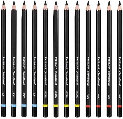 Pacific Arc Premium Charcoal Drawing Pencils for Artists - 12 pieces Soft, Medium, Hard - Professional Artist Pencils for Drawing, Sketching, Shading