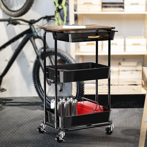 Simple Houseware 3-Tier Utility Cart with Drawer & Wood Top, Rustic Brown