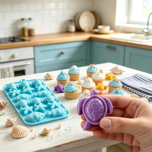 2Pack Ocean Sea Animal Silicone Mold, Sea Turtle Starfish Fish Chocolate Candy Fondant Mold, Beach Silicone Mould for Cake Decoration, DIY Soap, Resin Craft, Ocean Mermaid Theme Party
