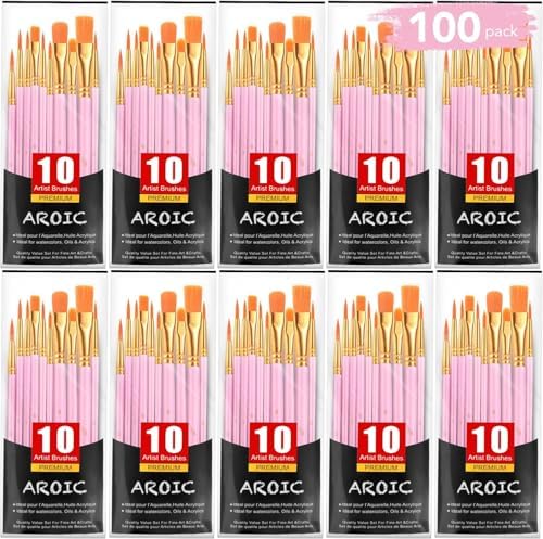 AROIC Painting Brushes Set, 10 Packs /100 Pieces, Nylon Brush Head | Suitable for Oil and Watercolor, Perfect Suit of Art Painting, Best Present for Painting, Pink