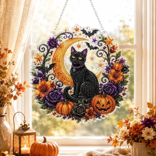 Halloween Diamond Art Hanging Kits for Adults Beginners, DIY Acrylic 5D Special Shaped Crystal Diamond Gem Art Painting for Window Pendants Home Garden Wall Hanging Kits Hanging Ornament (Style G)