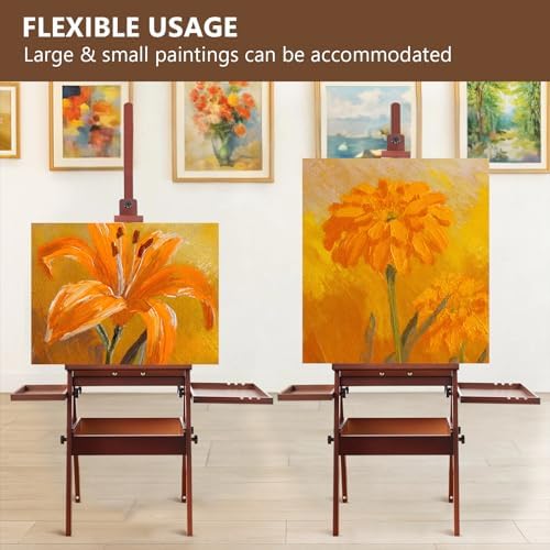 Wooden H-Frame Studio Easel with Storage Drawer and Palettes, Walnut | Solid Beechwood Painting Easel for Students, Beginners, and Artists, Hold Canvas to 36Inches High