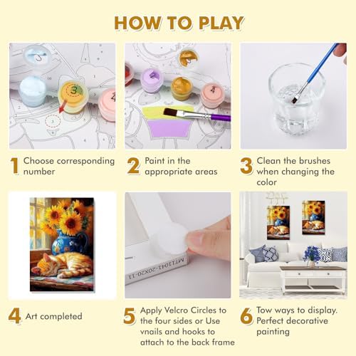 Bowetile Framed Paint by Numbers Cat Kit for Adults, Adults' Paint-by-Number Kits on Canvas, Painting by Numbers Sunflower, DIY Acrylic Number Painting for Home Wall Decor, 8x12in
