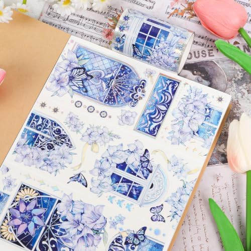Sitsink PET Tape for Journal Scrapbooking - Gothic Window Purple Flowers PET Tape Stickers for Crafts Junk Journal Supplies Notebook Scrapbook DIY Decor Ornament