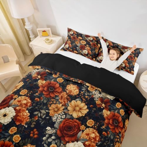 Erosebridal Boho Floral Duvet Cover Queen Size Bohemian Flower Botanical Bedding Set for Adults Teens Women Rustic Farmhouse Floral Comforter Cover Abstract Flowers Bedclothes Room Decor