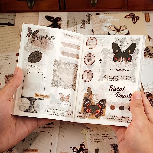 Dizdkizd Washi Stickers for Journaling, Vintage Ephemera Book for Scrapbooking with 180pcs Butterfly Stickers and 20 Sheets Adhesive Scrapbook Papers, Junk Journal Supplies