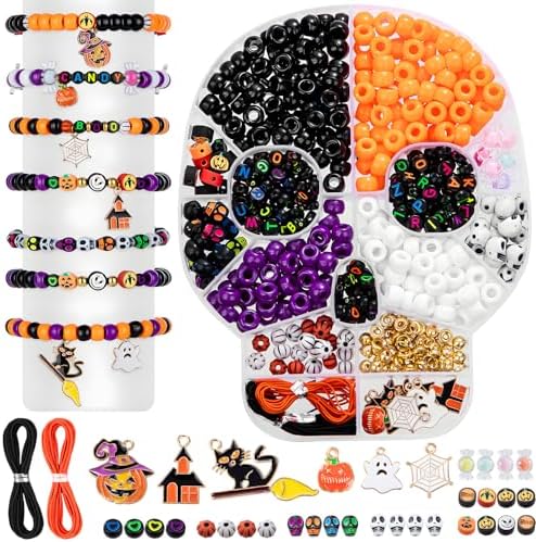 Taybonds Halloween Beads for Bracelet Jewelry Making Kit, Skull Polymer Clay Beads Pony Beads, Halloween Beads Charm for DIY Necklace Earrings, Gifts for Party